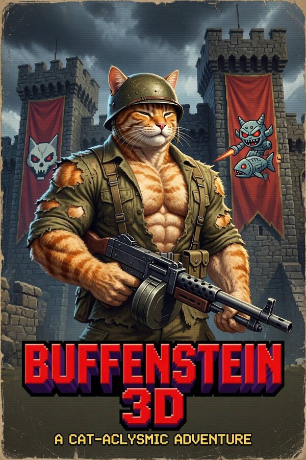Retro video game box art, Buff Cat as a soldier in front of a castle, titled Buffenstein 3D