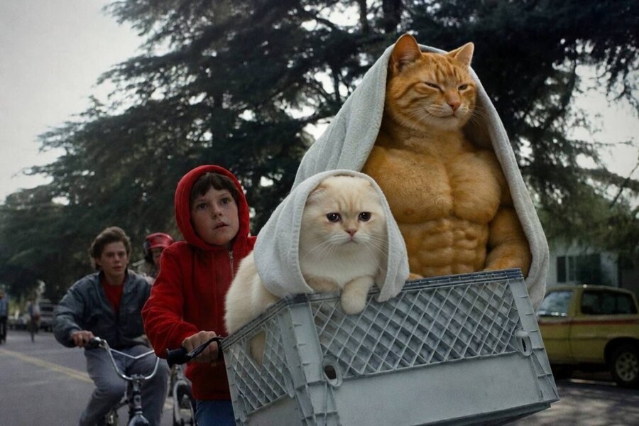 Buff Cat and a smaller white cat wrapped in a towel, riding in a bike basket like E.T.