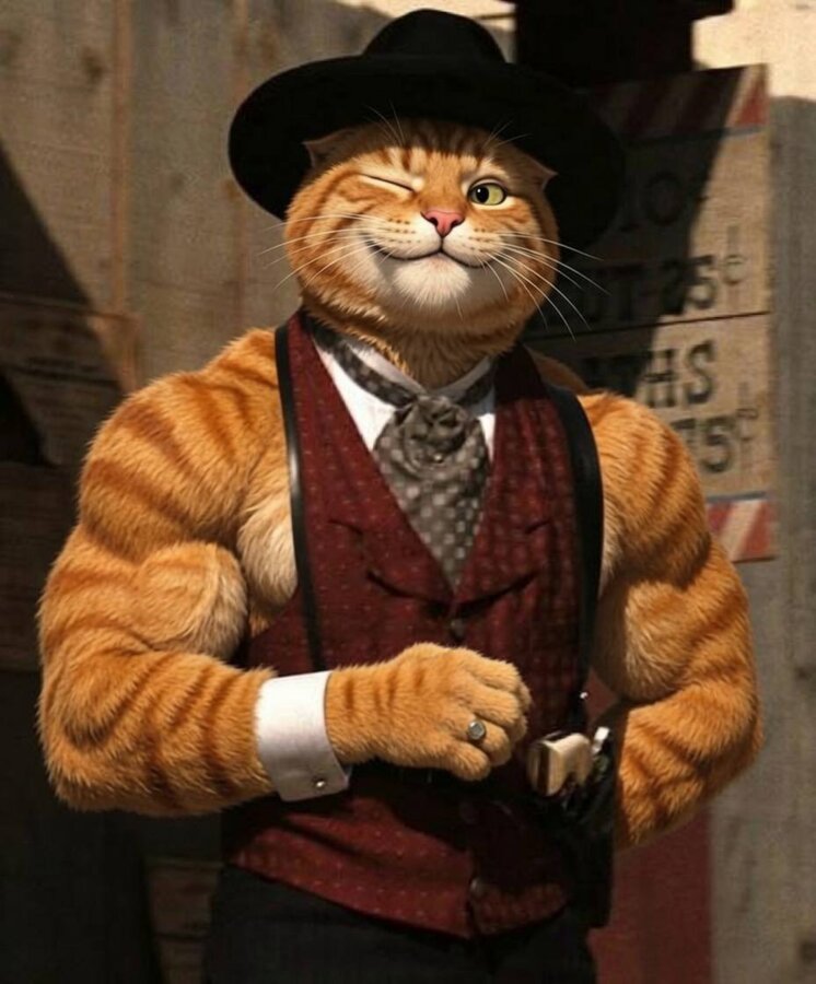 Buff Cat dressed as a sharp 1920s gangster, tipping his hat