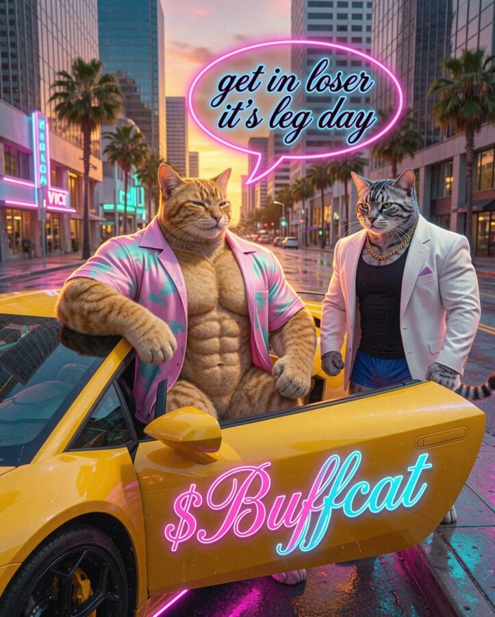 Two Buff Cats stepping out of a yellow sports car, Miami Vice style, $Buffcat neon sign