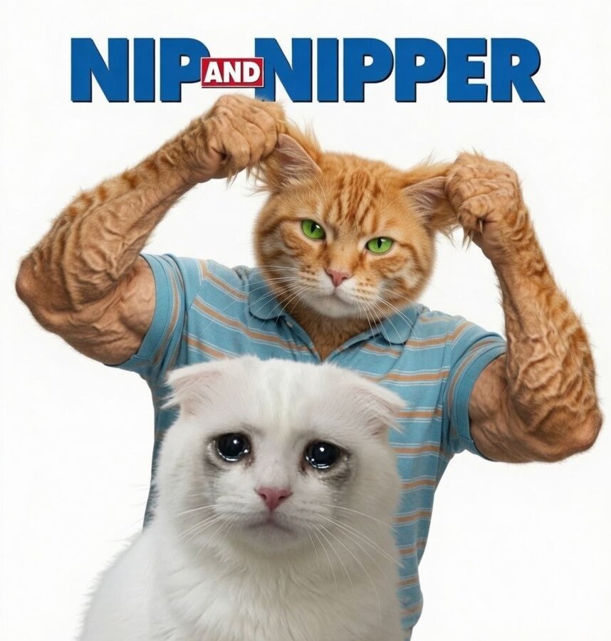 Buff Cat movie poster parody, Nip and Nipper, flexing next to a crying white cat